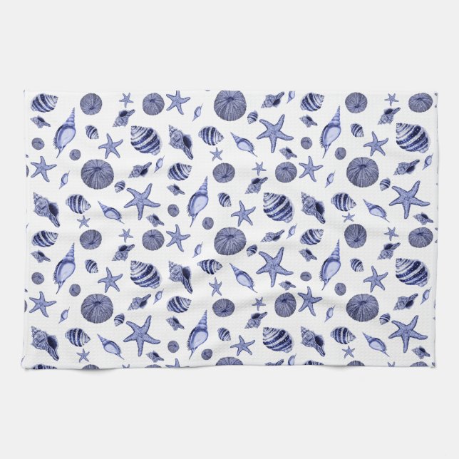 Blue and white seashells  tea towel (Horizontal)