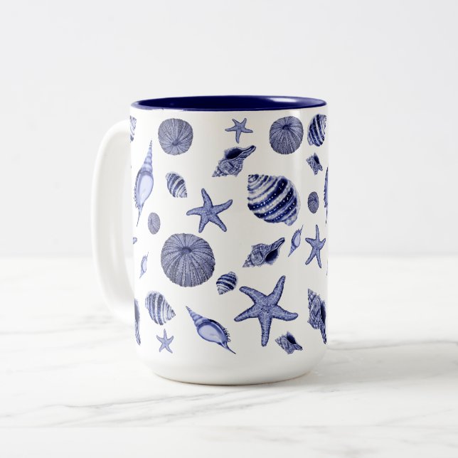 Blue and white seashells  Two-Tone coffee mug (Front Left)