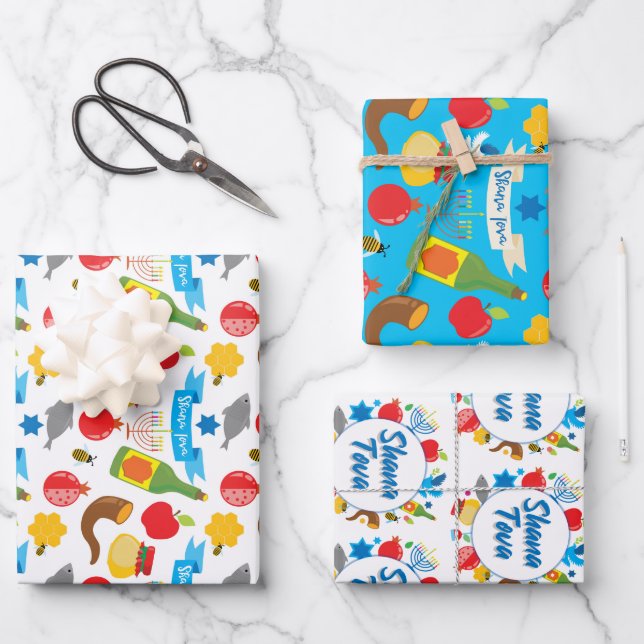 Blue and white Shana Tova Wrapping Paper Sheet (Front)