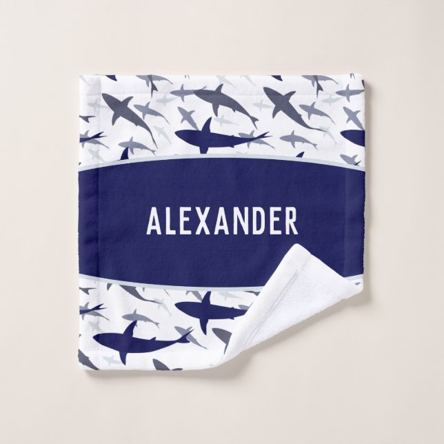 Blue and White Shark Pattern with Name Boy Bath Towel Set (Wash Cloth)