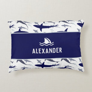 Blue and White Shark Pattern with Name Boy Decorative Cushion