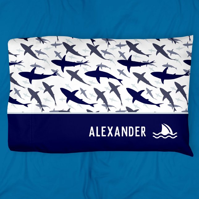 Blue and White Shark Pattern with Name Boy Pillowcase (Creator Uploaded)