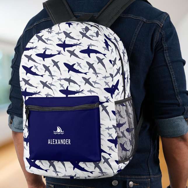 Blue and White Shark Pattern with Name Boy Printed Backpack (Creator Uploaded)
