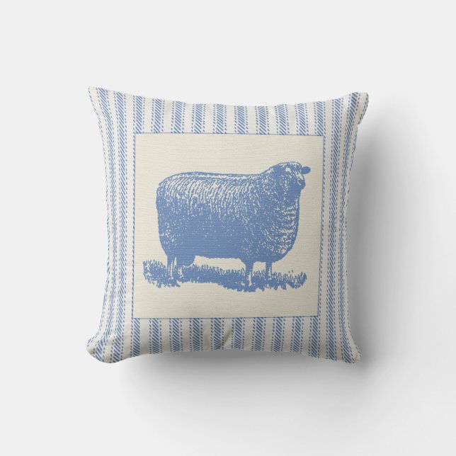 Blue and White Sheep with Ticking Cushion (Front)