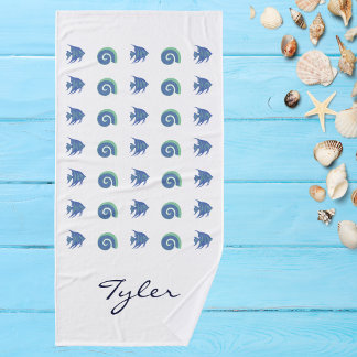 Blue and White Shell Fish Name Beach House Bath Towel Set