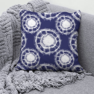 Blue and White Shibori Circles Pattern  Cushion
