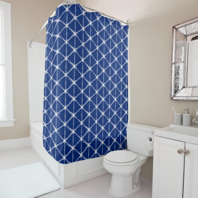 Blue and White Shibori Lines Pattern  Shower Curtain (In Situ)