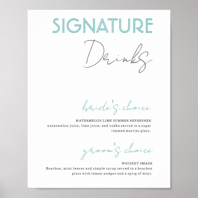 Blue and White Signature Drinks Wedding Bar Poster (Front)