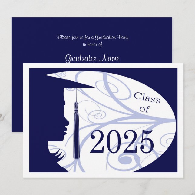 Blue and White Silhouette 2025 Graduation Party Invitation (Front/Back)