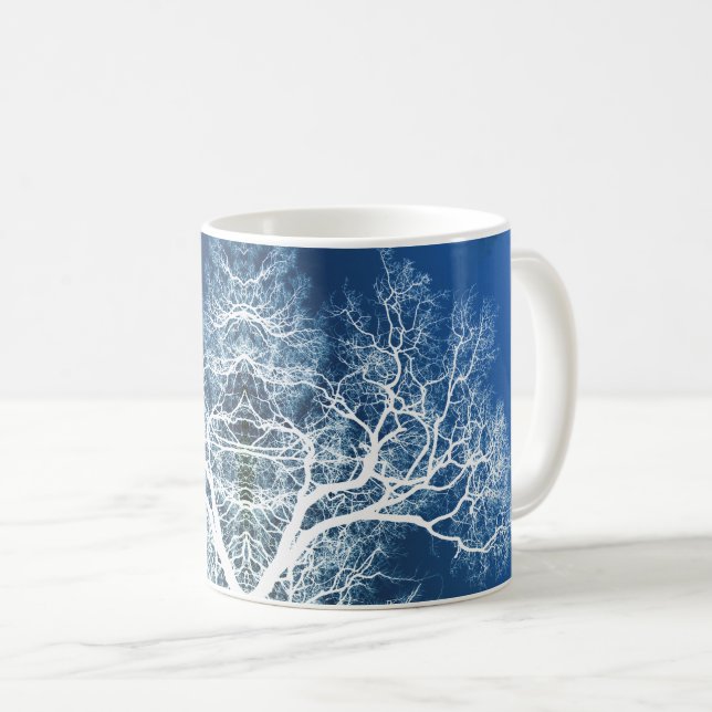 Blue and white silhouetted trees coffee mug (Front Right)