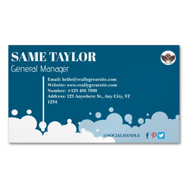 Blue and White Simple Cleaning Services  Magnetic Business Card (Front)
