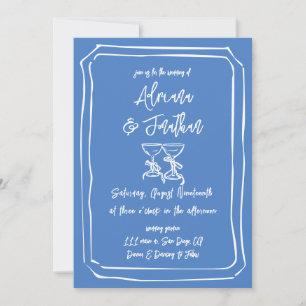 Blue and White Simple Modern Hand Drawn Wedding Invitation