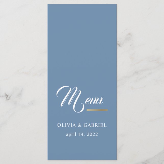 Blue and white. Simple stylish wedding dinner Menu (Front)