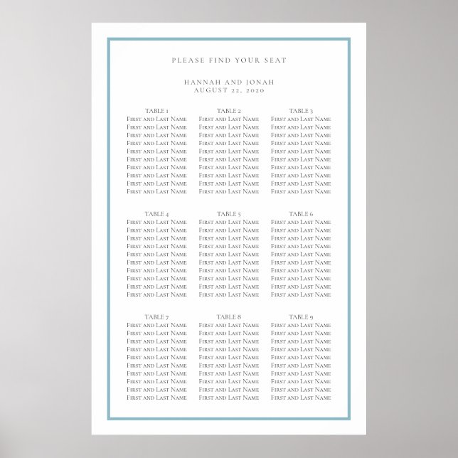 Blue and White Simple Wedding Seating Chart (Front)