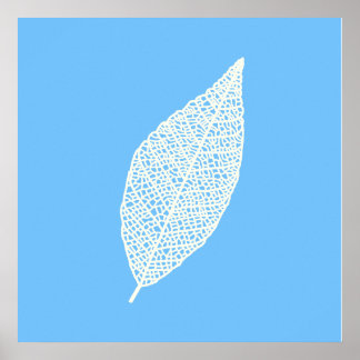 Blue and White Skeleton Leaf line art Poster