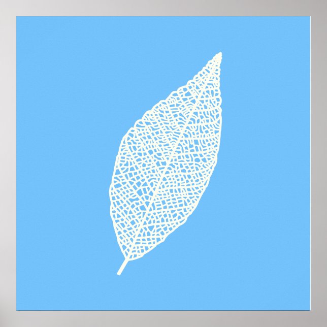 Blue and White Skeleton Leaf line art  Poster (Front)
