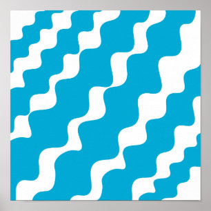 Blue and white slanting waves pattern  poster