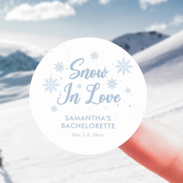 Blue and White Snow in love Winter Bachelorette  Classic Round Sticker (Creator Uploaded)