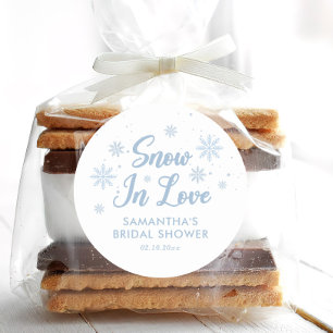 Blue and White Snow in love Winter Bridal Shower Classic Round Sticker