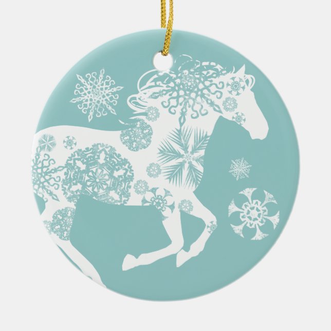 Blue and White Snowflake Christmas Horse Ceramic Tree Decoration (Front)