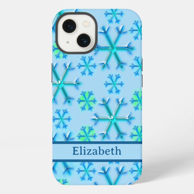 Blue and White Snowflake Hexagon Pattern Name iPhone Case (Back)