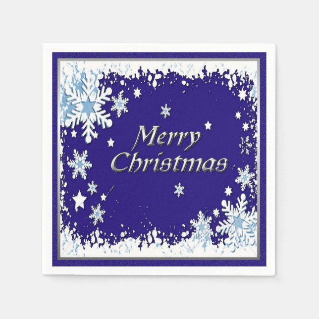 Blue and White Snowflake Merry Christmas Napkin (Front)