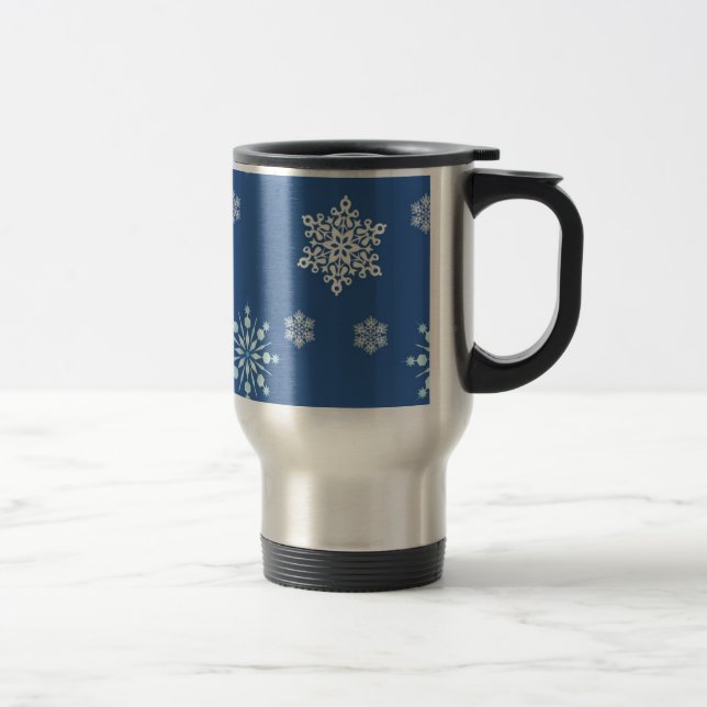 Blue and White Snowflake Pattern Travel Mug (Right)