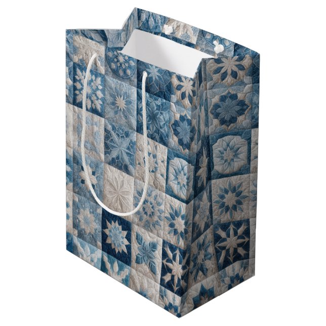 Blue and White Snowflake Quilt Medium Gift Bag (Back Angled)