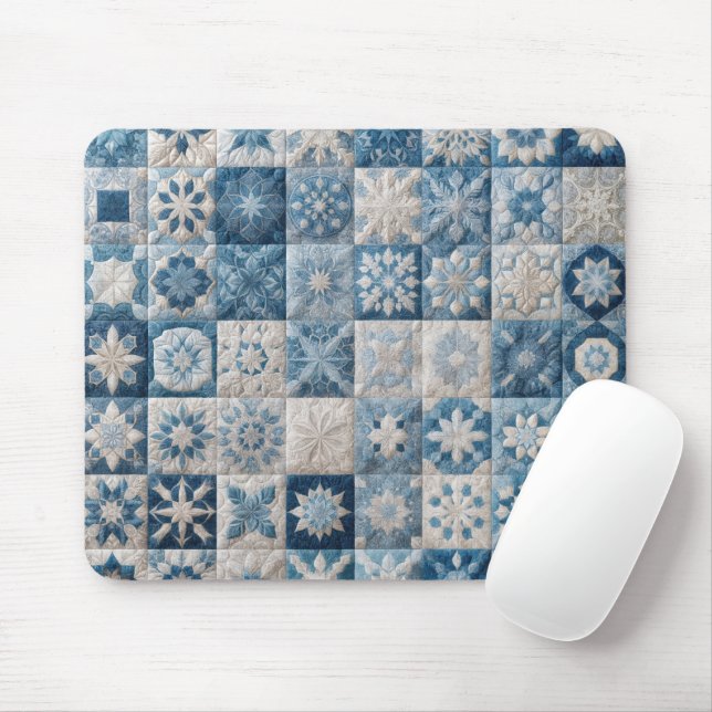 Blue and White Snowflake Quilt Mouse Mat (With Mouse)