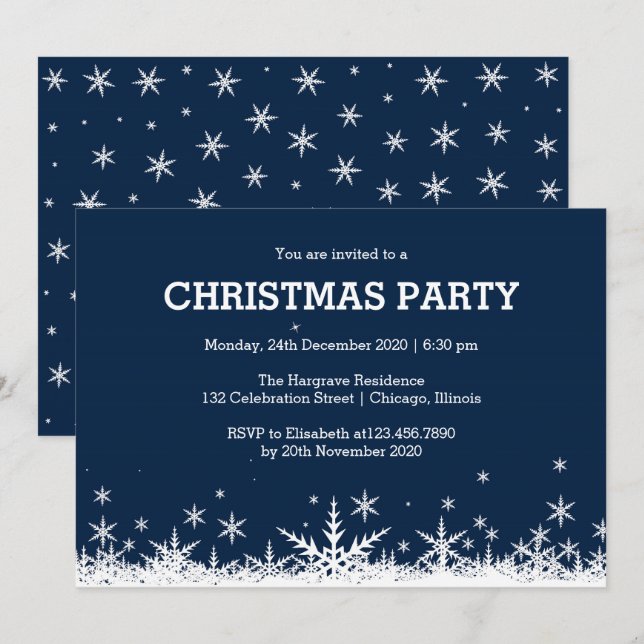 Blue and White Snowflakes Christmas Party Invitation (Front/Back)