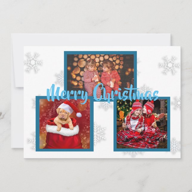 Blue and White Snowflakes Family Photos Christmas Invitation (Front)