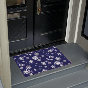 Blue and White Snowflakes On Dark Blue Ground Doormat