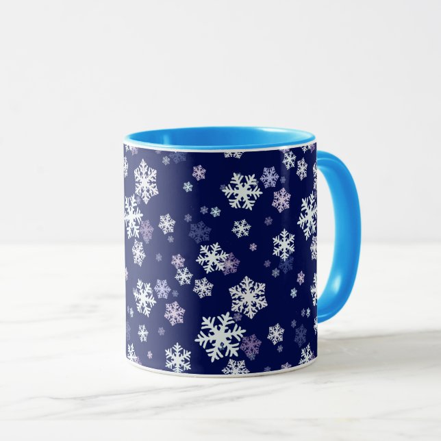 Blue and White Snowflakes On Dark Blue Ground Mug (Front Right)