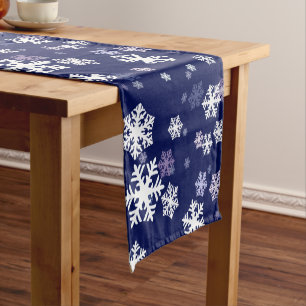 Blue and White Snowflakes On Dark Blue Ground Short Table Runner