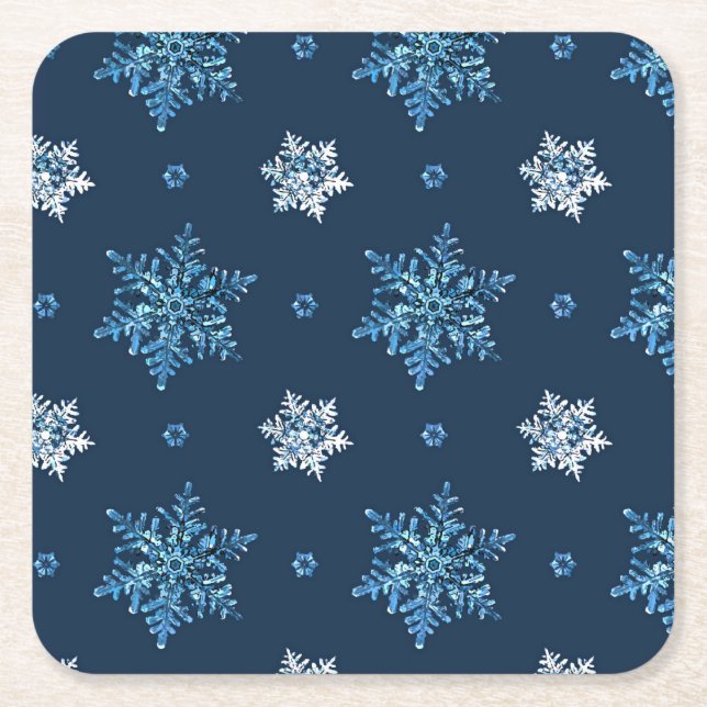 Blue and white Snowflakes Square Paper Coaster (Front)