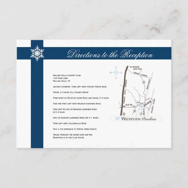 Blue and White Snowflakes Wedding Directions Enclosure Card (Front)
