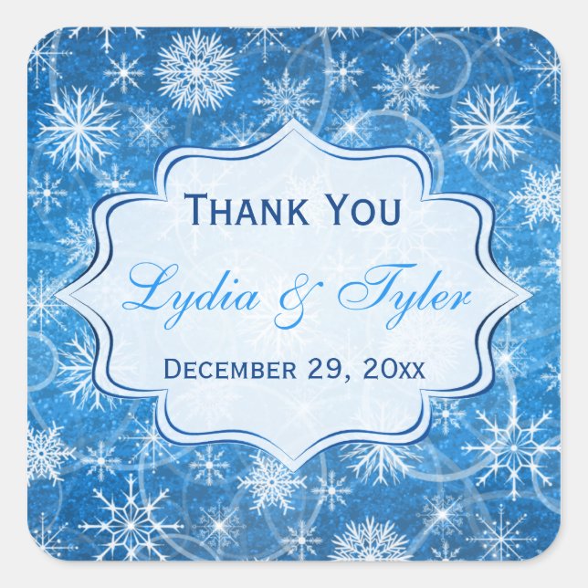 Blue and White Snowflakes Wedding Favour Sticker (Front)
