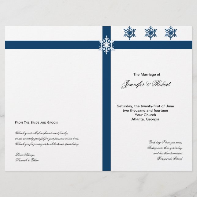 Blue and White Snowflakes Wedding Program (Front)