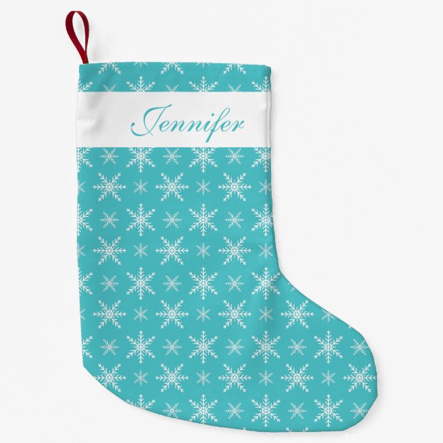Blue And White Snowflakes With Custom Name Small Christmas Stocking (Front)
