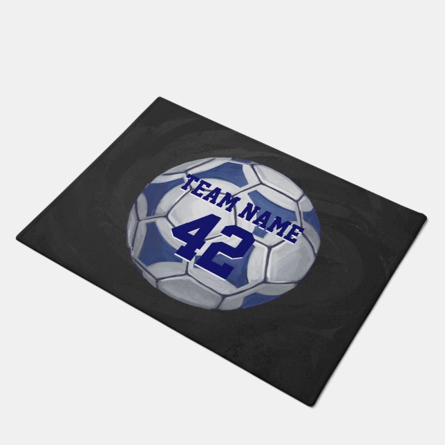 Blue and White Soccer Ball with name Doormat (Angled)