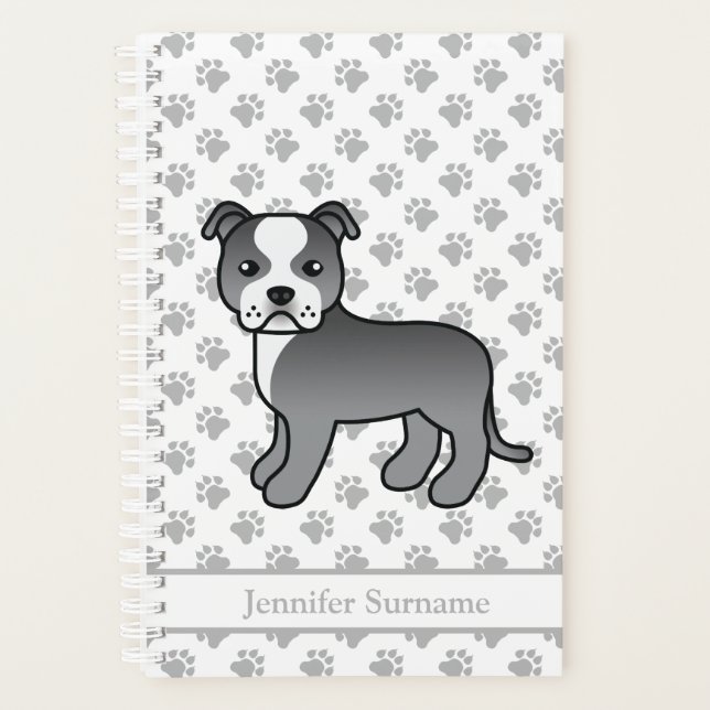 Blue And White Staffie Cute Cartoon Dog & Text Planner (Front)