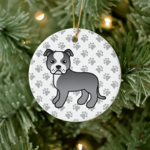Blue And White Staffordshire Bull Terrier Dog Ceramic Tree Decoration