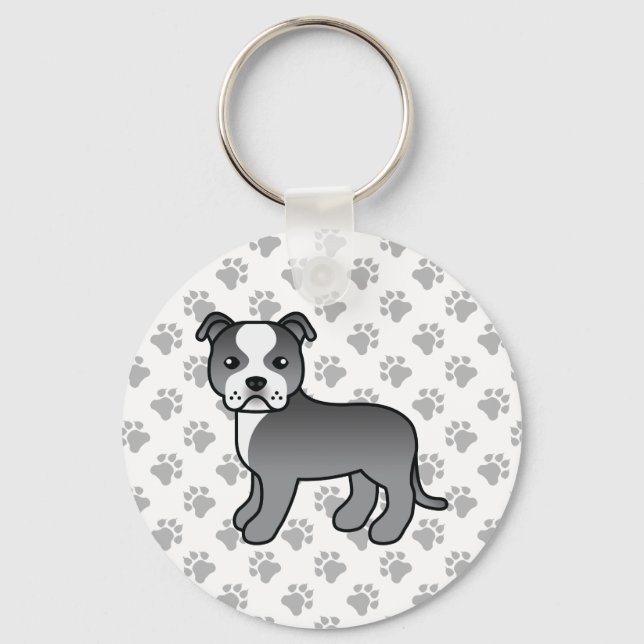 Blue And White Staffordshire Bull Terrier Dog Key Ring (Front)