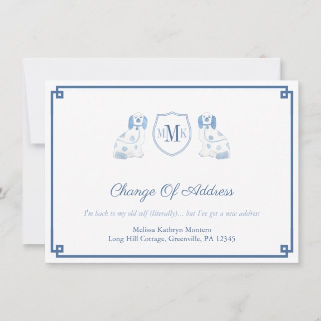Blue And White Staffordshire Dogs Monogram Moving Announcement (Front)