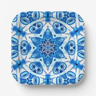 Blue and white star Christmas pattern Paper Plate