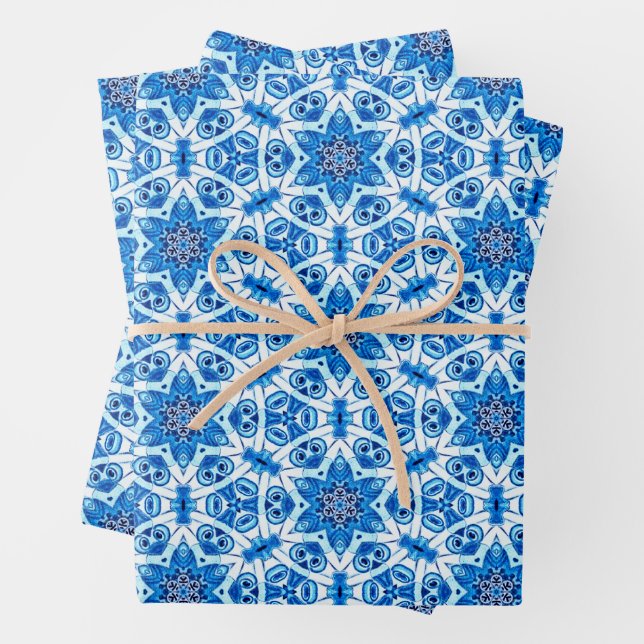 Blue and white star Christmas pattern Wrapping Paper Sheet (In situ)