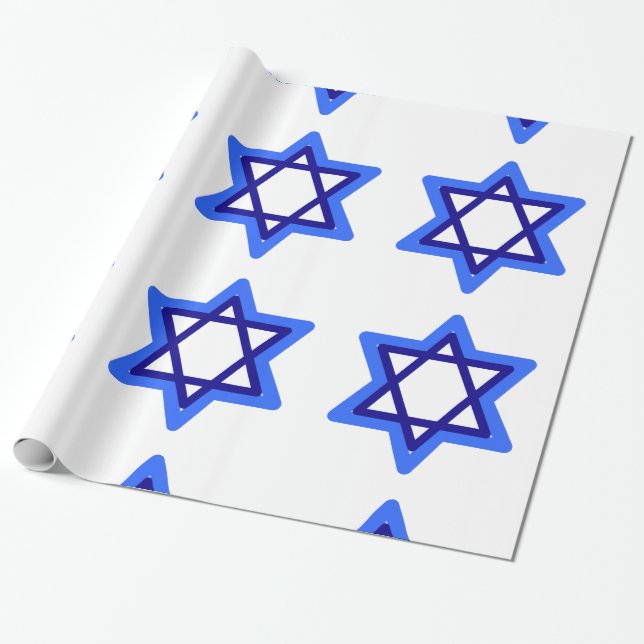 Blue and White Star of David Hanukkah Holiday Wrapping Paper (Unrolled)