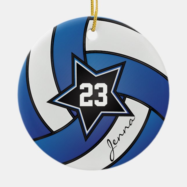 Blue and White Star Volleyball 2 Ceramic Tree Decoration (Front)
