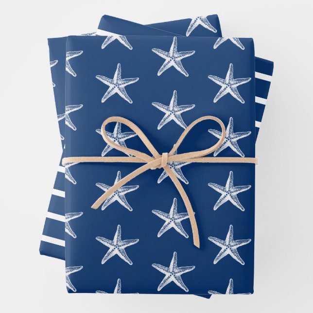 Blue and White Starfish Nautical Stripe Wrapping Paper Sheet (In situ)
