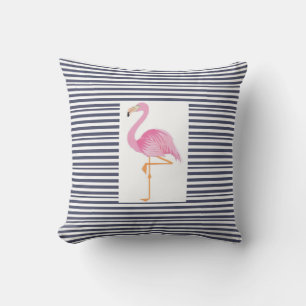 Blue and white stripe flamingo pillow